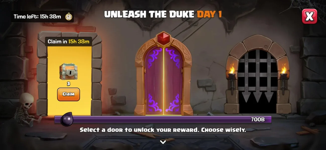 CoC Unleash the Duke Day 1 Door 1 reward - 3 Treasure Chests with Gold, Elixir and Dark Elixir