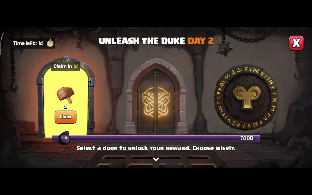 Clash of Clans Unleash the Duke Day 2 first door reward showing 2 Builder Bite Magic Snacks for builder boost