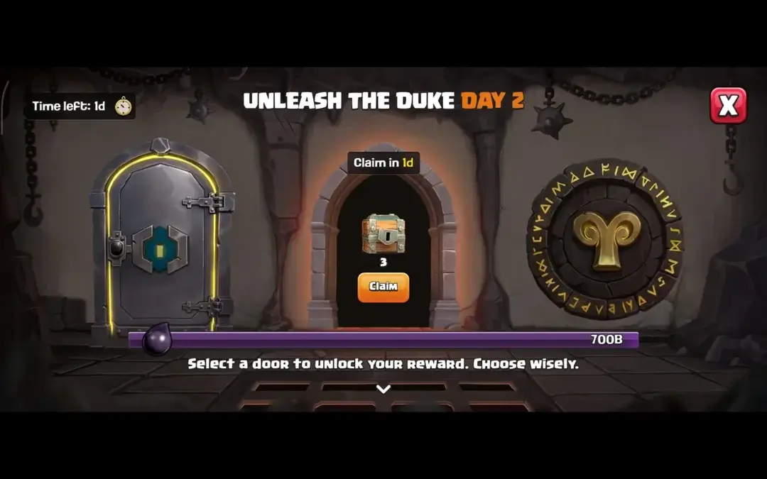 Clash of Clans Unleash the Duke Day 2 second door reward showing 3 Treasure Chests with upgrade mechanic where first three taps can increase rarity from Common to Rare Epic or Legendary