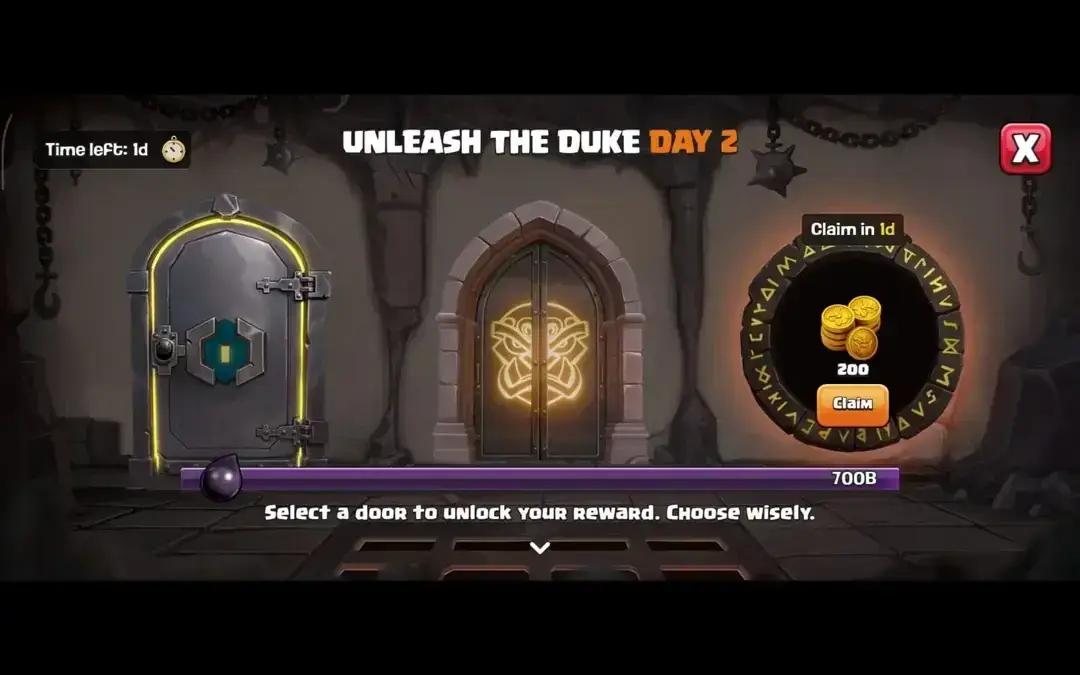 Clash of Clans Unleash the Duke Day 2 third door reward showing 200 Grumpy Medals currency for Wise Warriors event shop