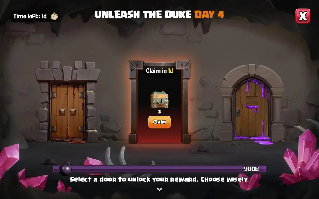 Clash of Clans Unleash the Duke Day 4 second door reward showing 3 Treasure Chests with upgrade mechanic where first three taps can increase rarity from Common to Rare Epic or Legendary