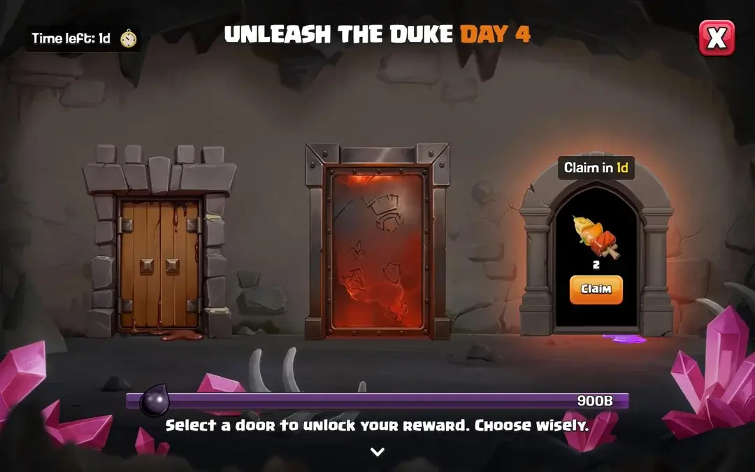 Clash of Clans Unleash the Duke Day 4 third door reward showing 2 Mighty Morsels Magic Snacks for boosting Hero health and damage