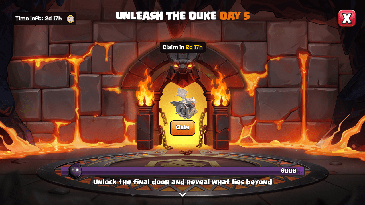 Clash of Clans Unleash the Duke Day 5 open door where players can claim the exclusive Dragon Statue decoration reward