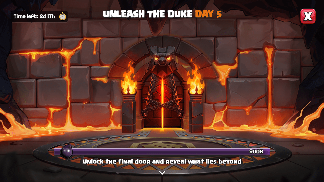Clash of Clans Unleash the Duke Day 5 final door closed with Dragon Duke imprisoned behind it before the community freed him